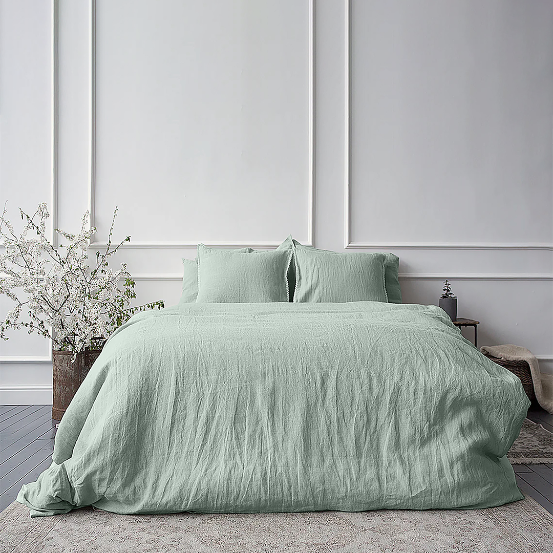 Vintana LinenLuxe Linen King SizeBedsheet (108 x 108 Inch) with 2 Pillow Covers (18 x 27 Inches) TEA GREEN