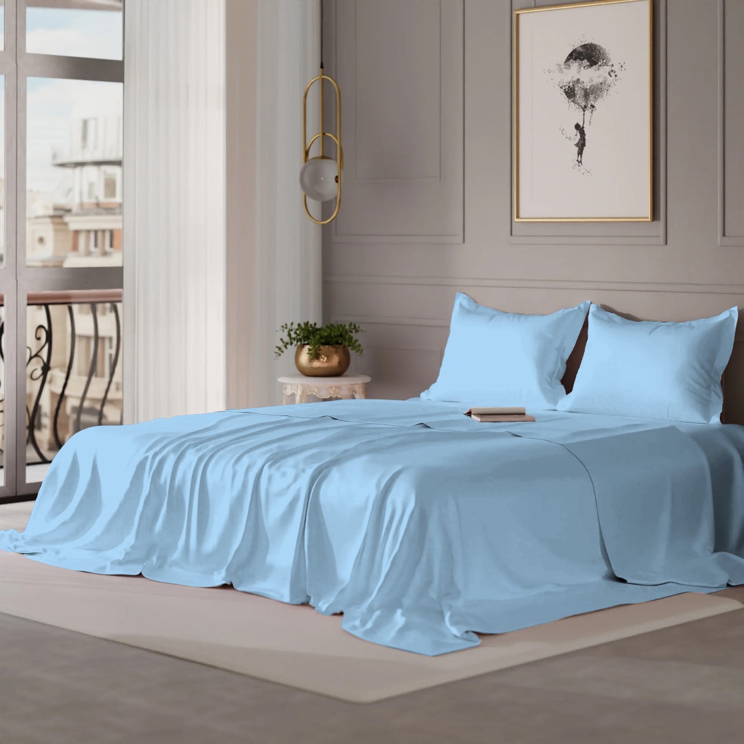 PASTELS 100% Cotton Queen Size Bedsheet, 300 TC, SKY BLUE
