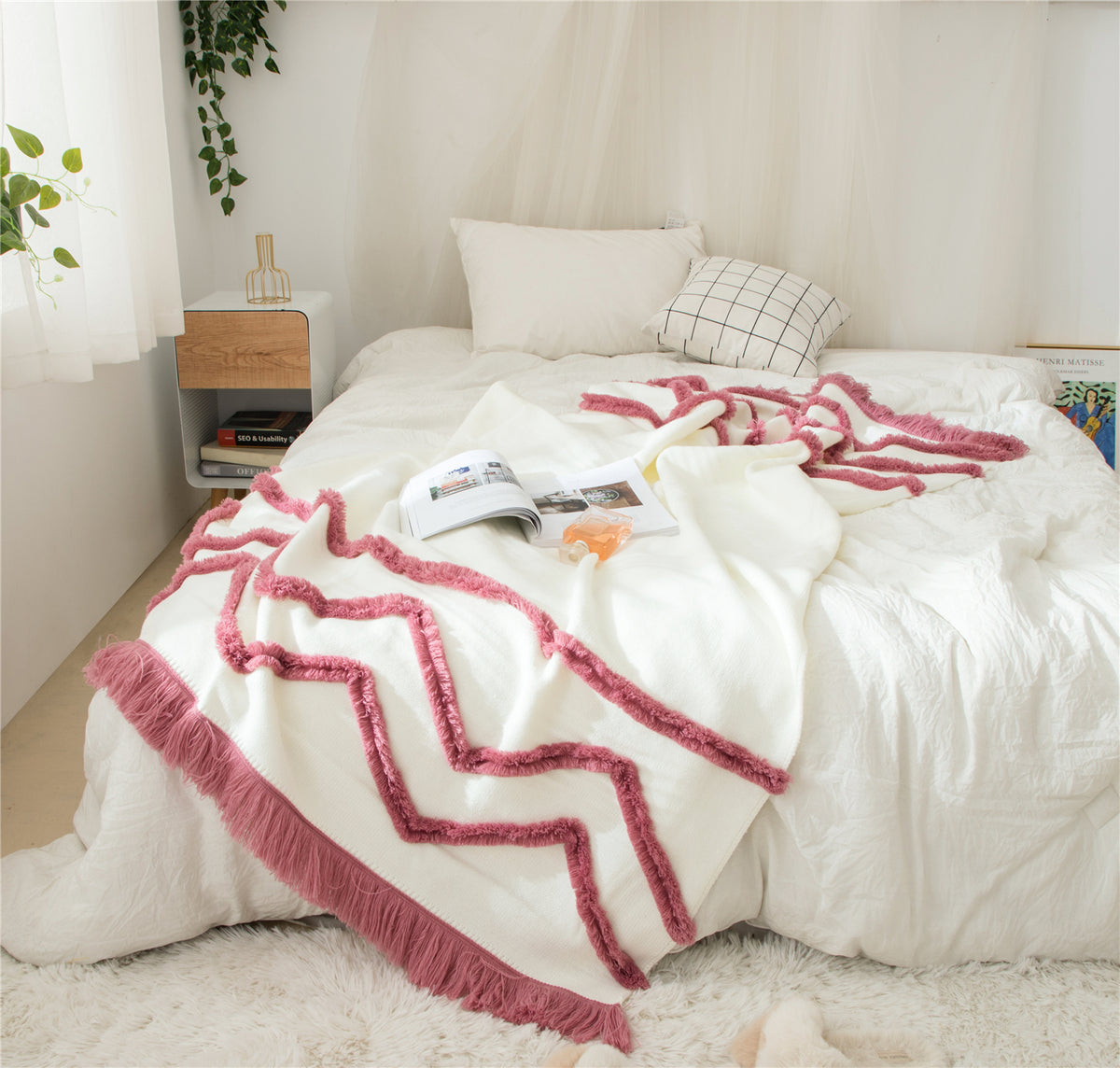 Elegance Designer Throw Blanket 100% Pure Cotton 50 x 60 Inches , OFF WHITE/MAUVE