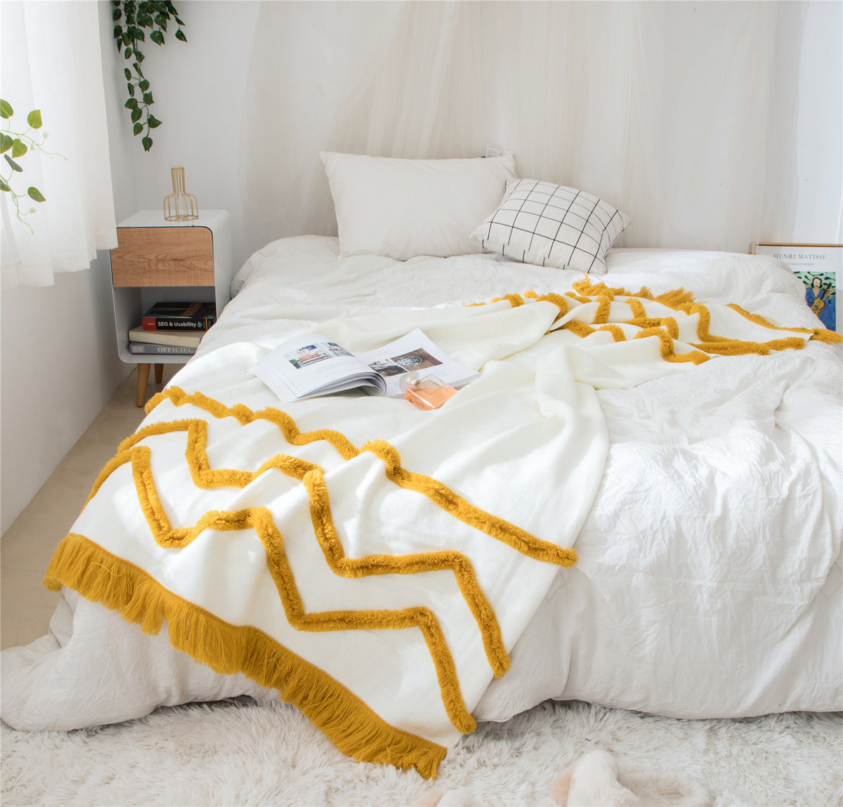 Elegance Designer Throw Blanket 100% Pure Cotton 50 x 60 Inches , OFF WHITE/GOLD