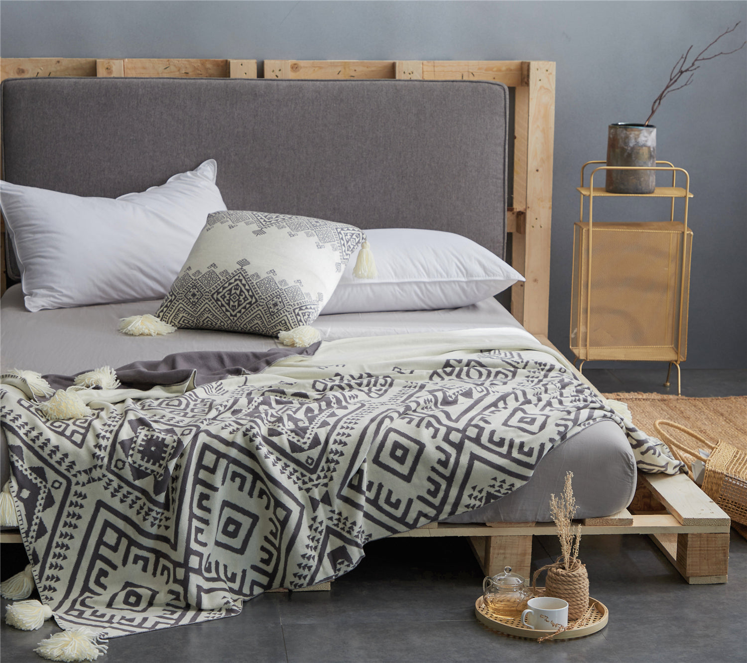 Elegance Designer Throw Blanket 100% Pure Cotton 55 x 75 Inches OFF WHITE/GREY