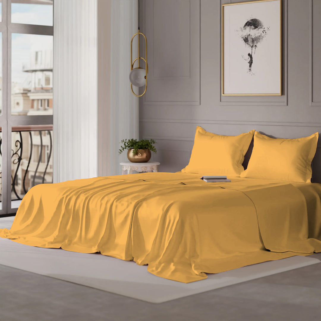 PASTELS 100% Cotton Queen Size Bedsheet, 300 TC, GOLD