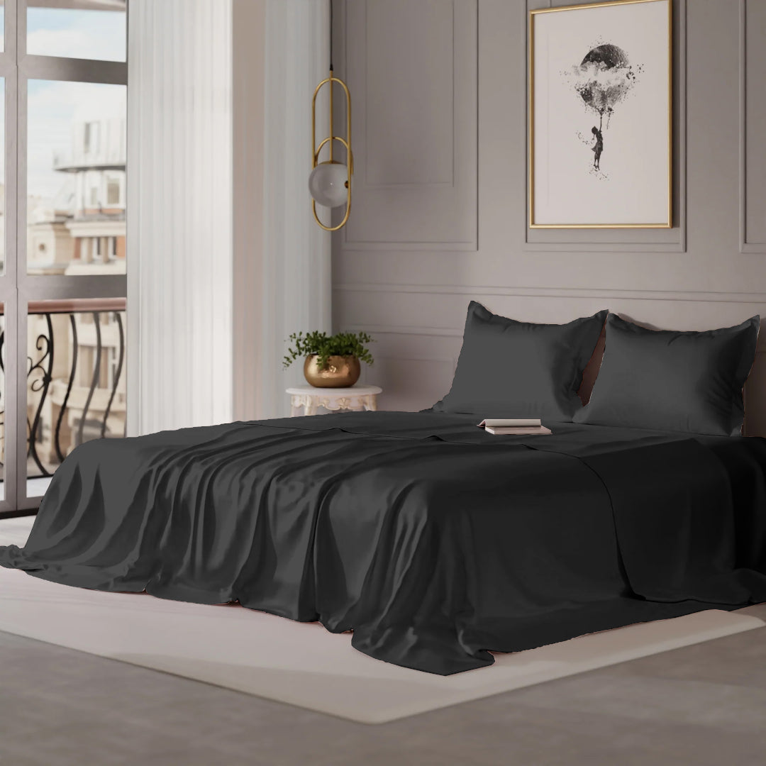 PASTELS 100% Cotton Queen Size Bedsheet, 300 TC, CHARCOAL GREY