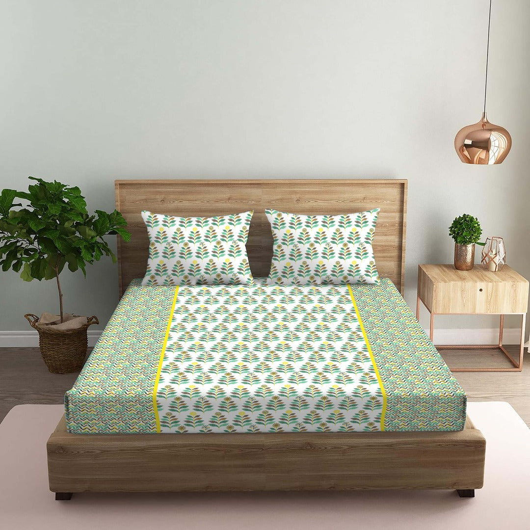 CROWN 100% Cotton Queen Size Bedsheet, 180TC GREEN